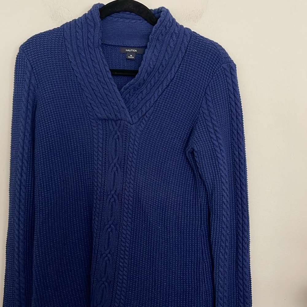 Nautica Women’s Blue V Neck Cotton Knit Cable Sweater - Picture 3 of 13